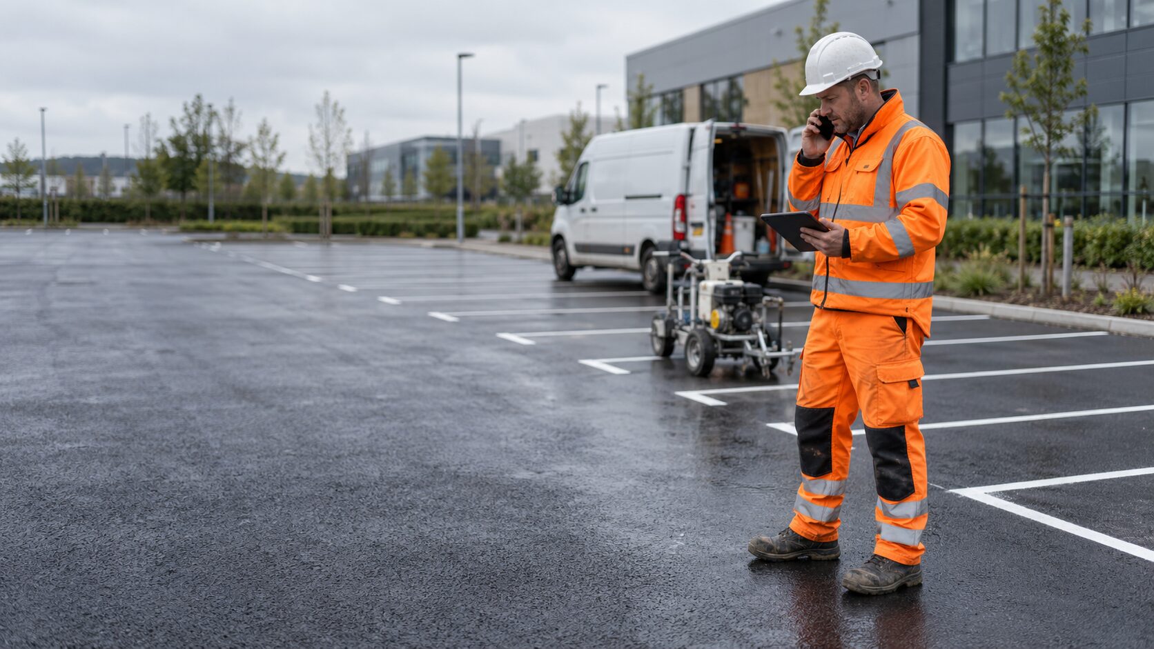 Ulteum Marking supervisor discussing a commercial line marking project at a UK site