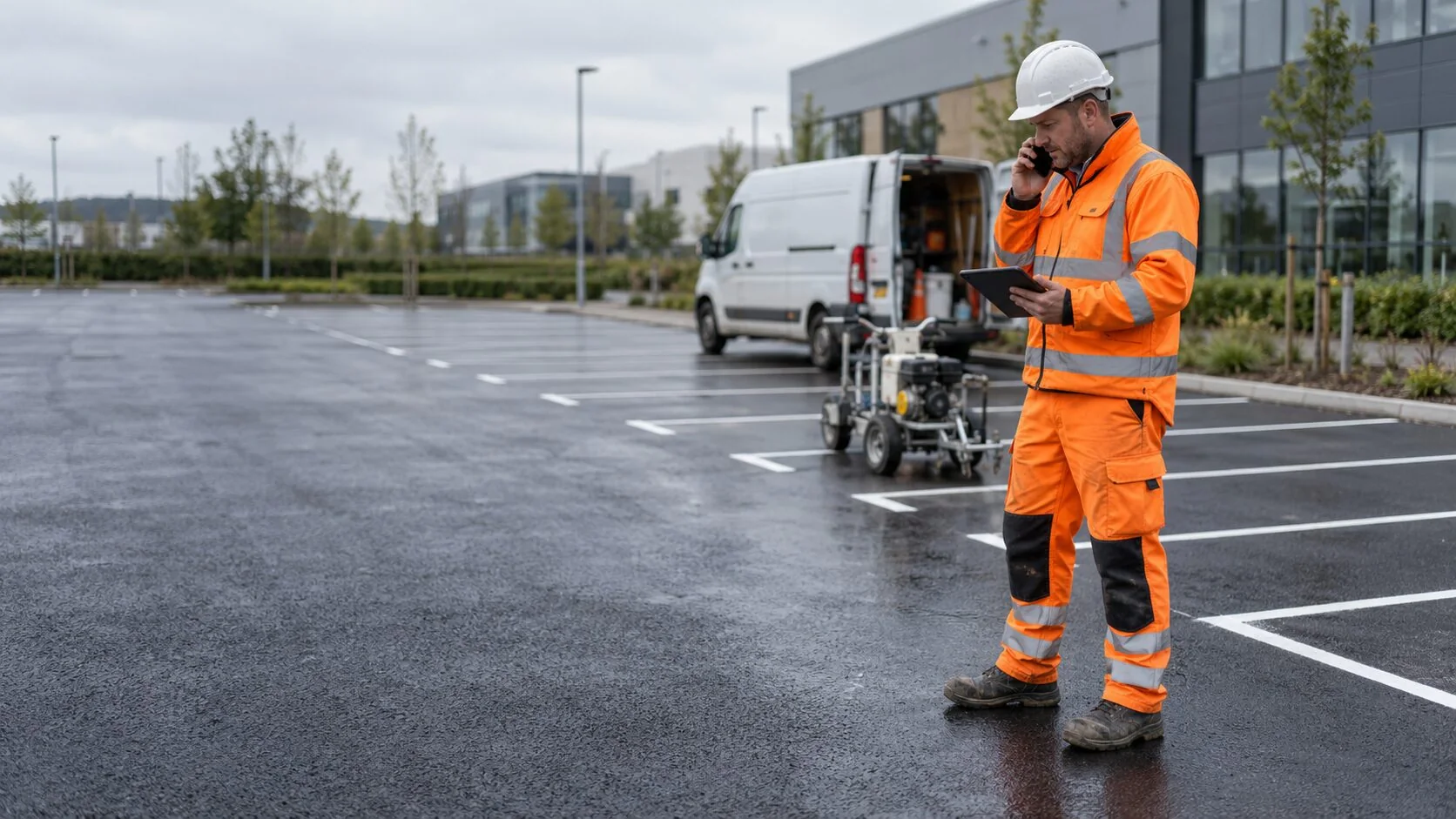Ulteum Marking supervisor discussing a commercial line marking project at a UK site