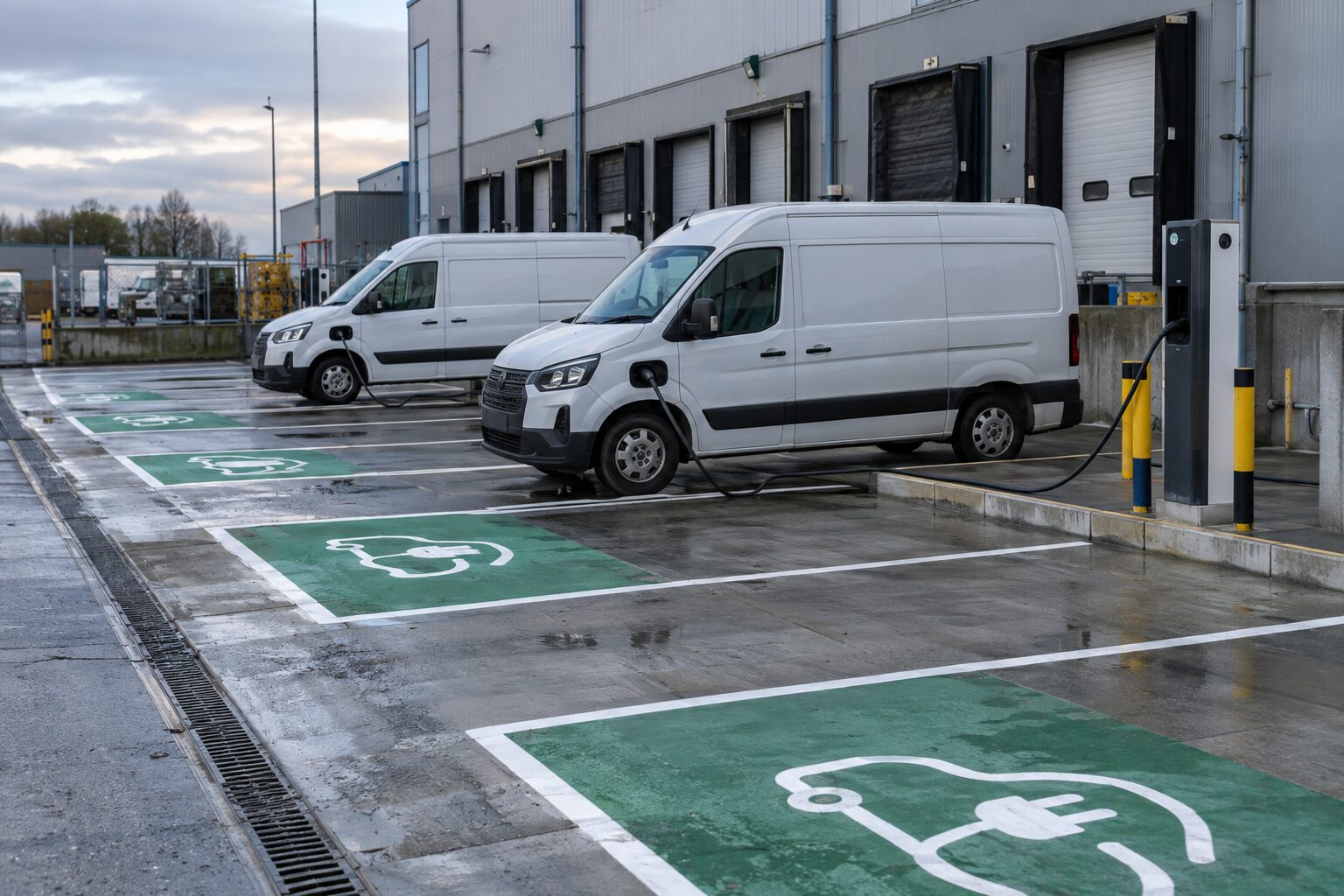 Electric van charging bays at a UK fleet depot