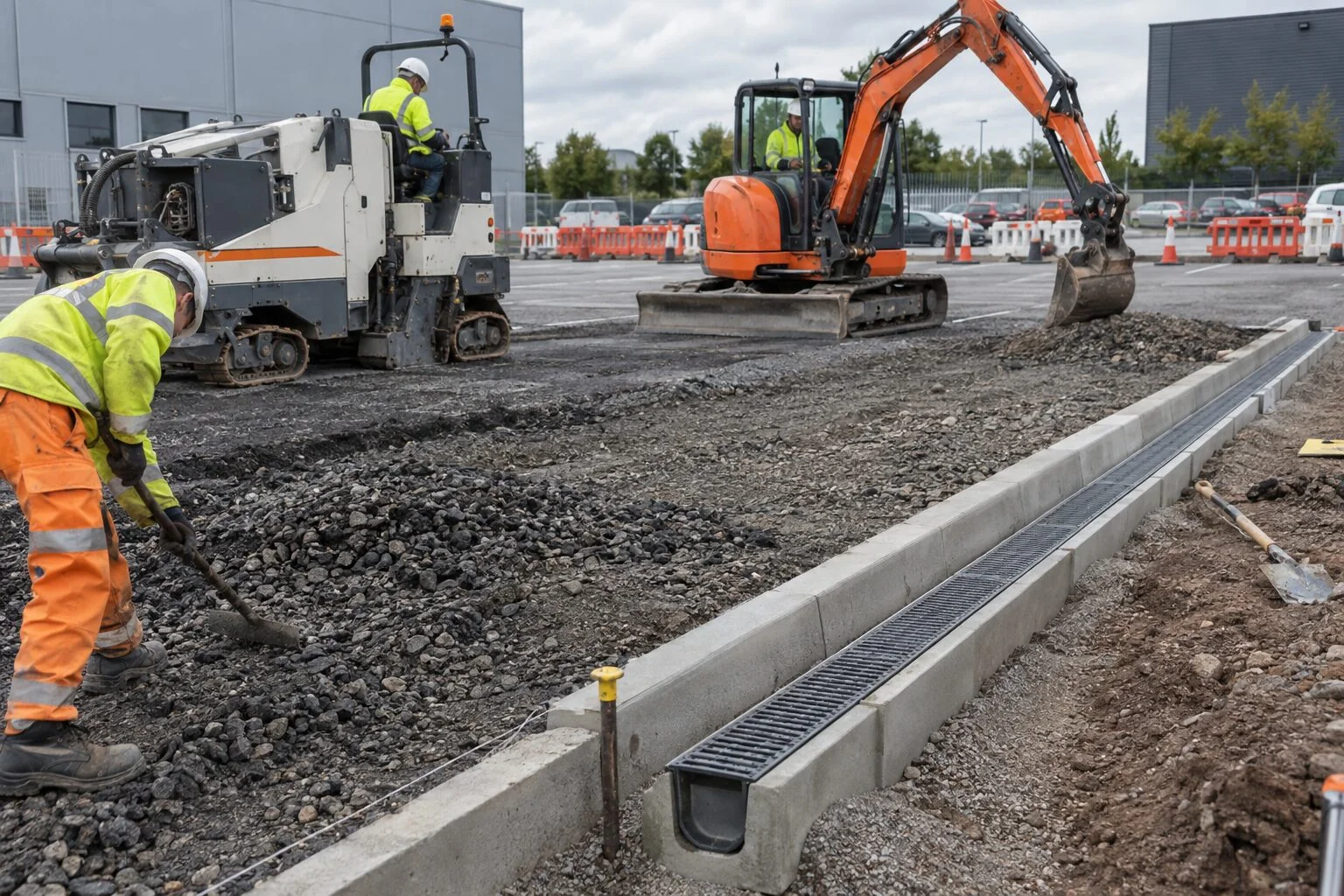 Commercial surfacing preparation with kerbs and drainage channel