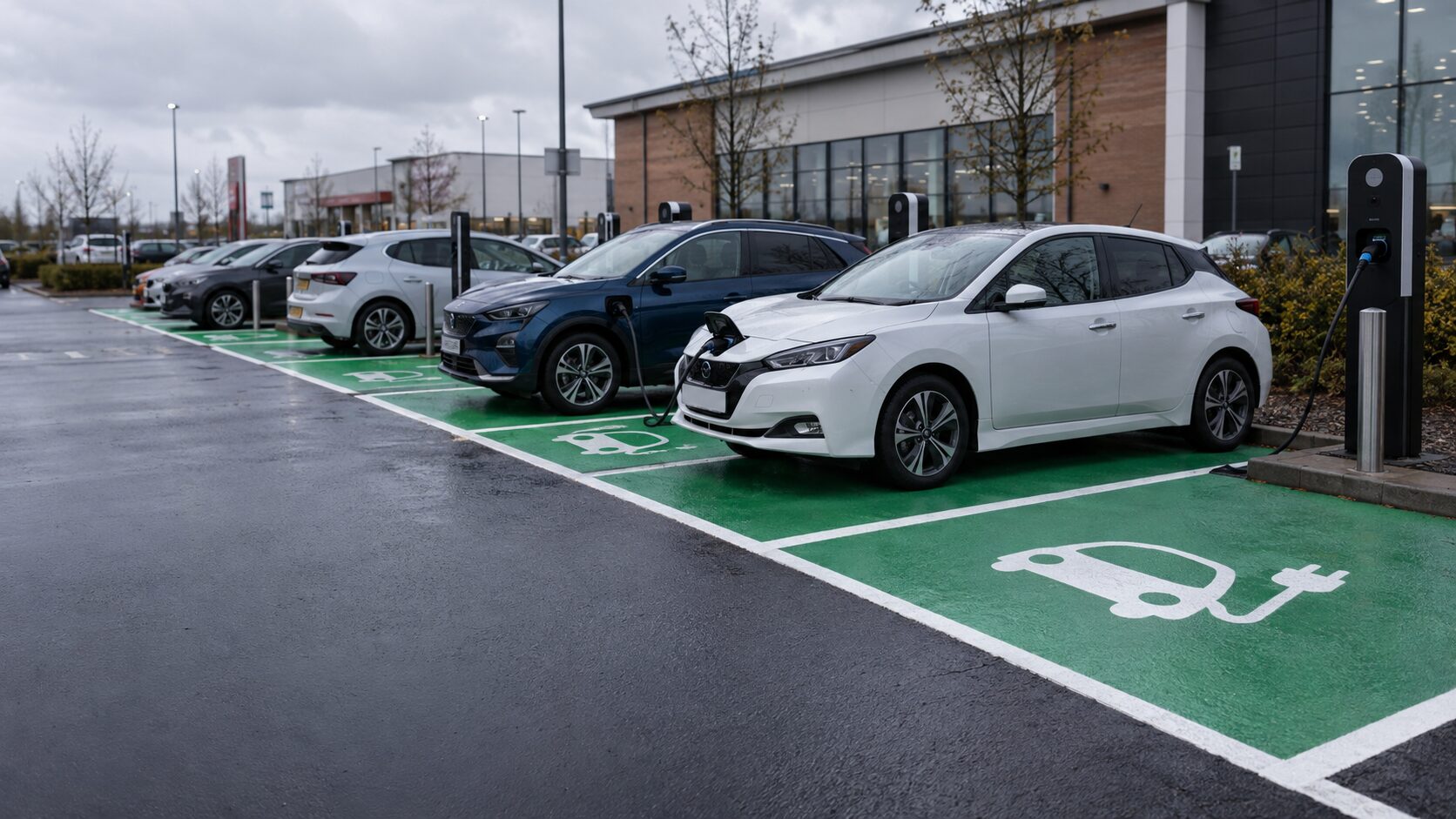 Commercial EV charging bays with green markings at a UK retail site