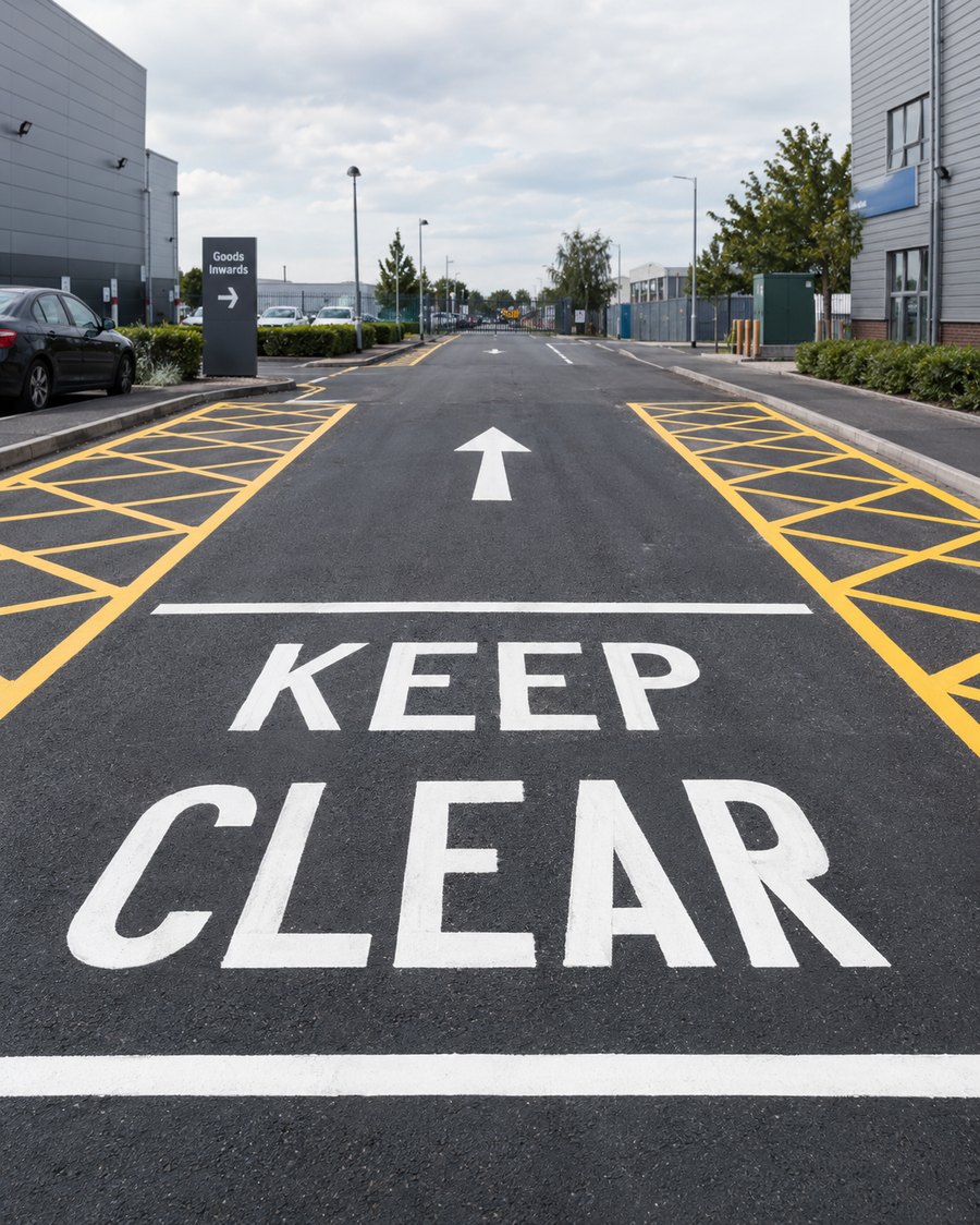 Fresh keep clear, hatching and directional line markings on a UK commercial roadway