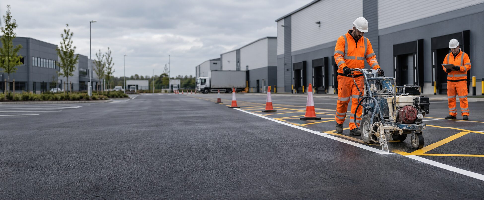 Ulteum Marking team completing commercial line marking at a UK logistics site