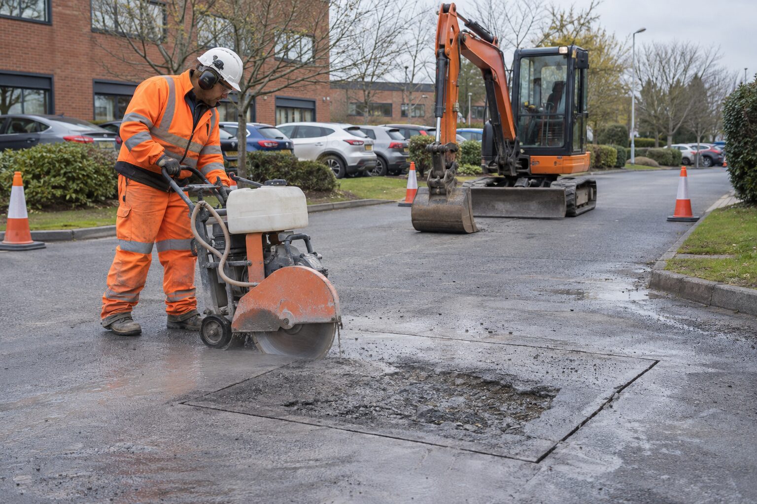 Failed asphalt being saw-cut for a commercial patch repair