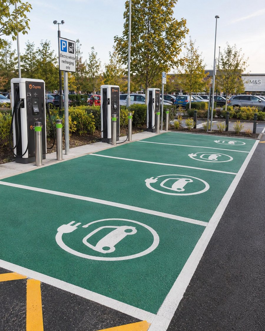 Full-size green EV charging bays with vehicle charging symbols in Bristol