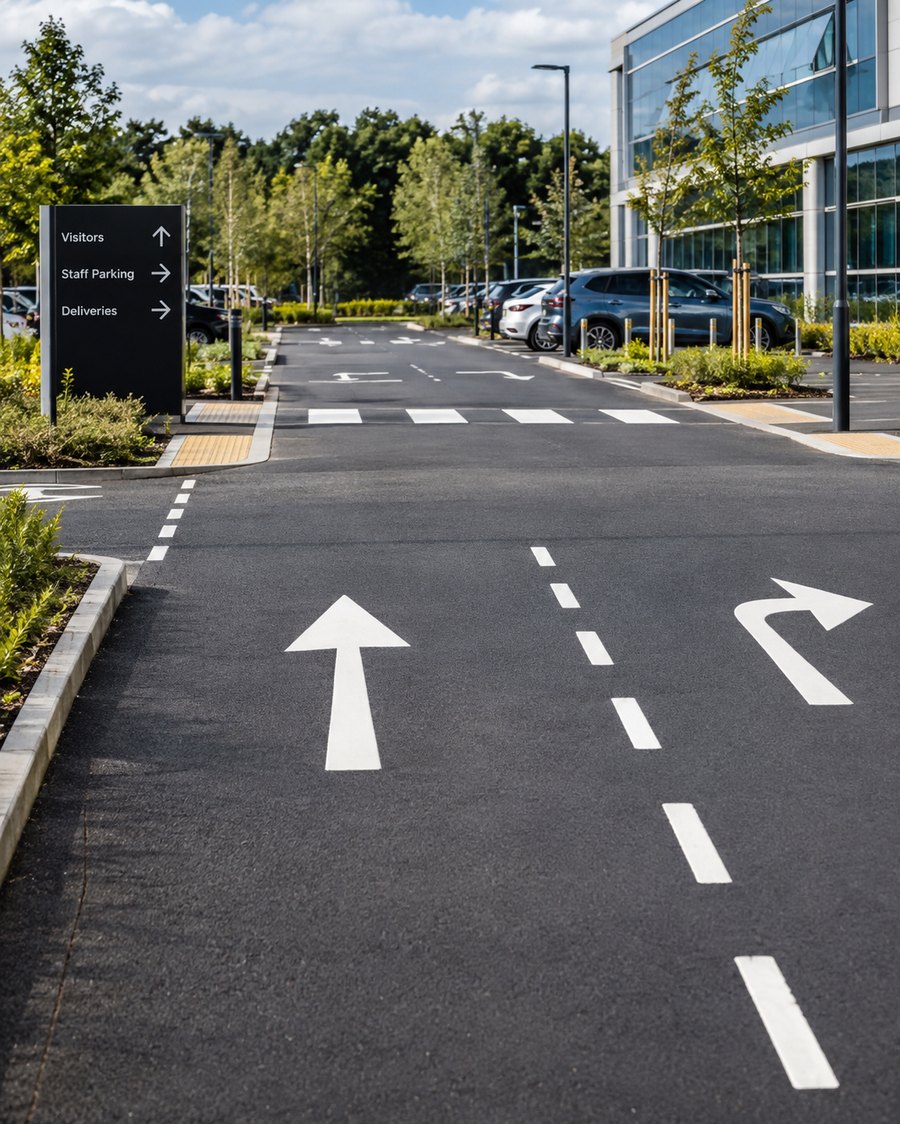 Directional access markings and traffic guidance at a business park in Milton Keynes