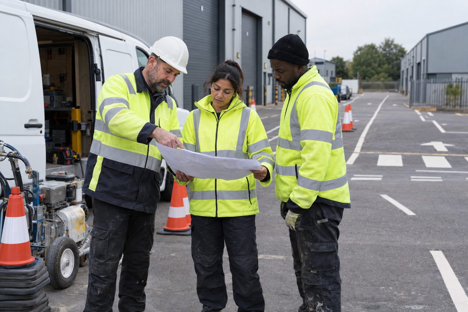Commercial marking team reviewing a site layout before work begins