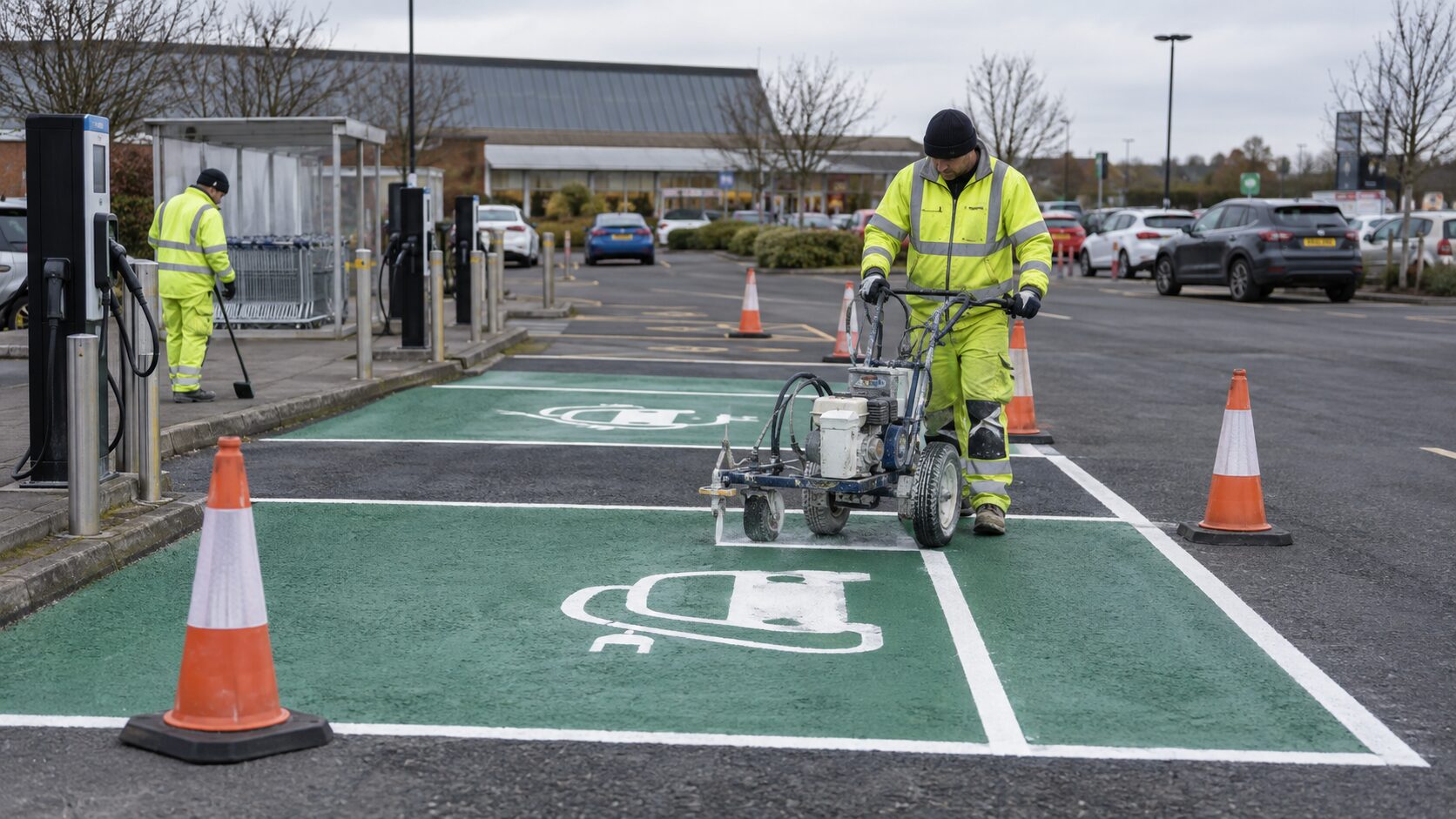 EV charging bays being refreshed in a live UK car park
