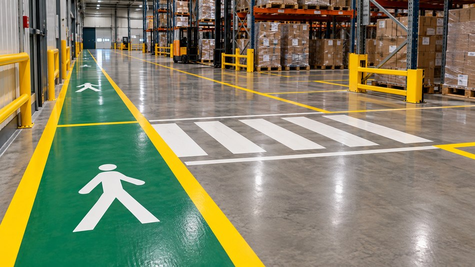 Warehouse pedestrian walkway and crossing line marking