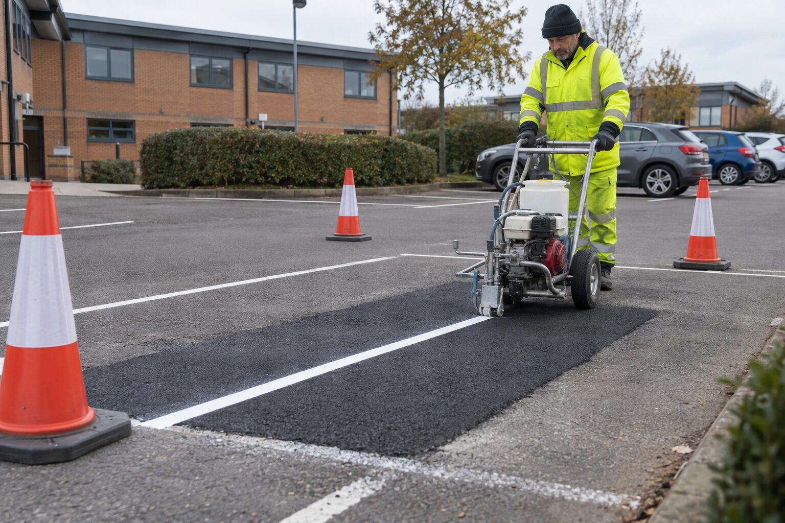 White parking bay line being reinstated across an asphalt patch