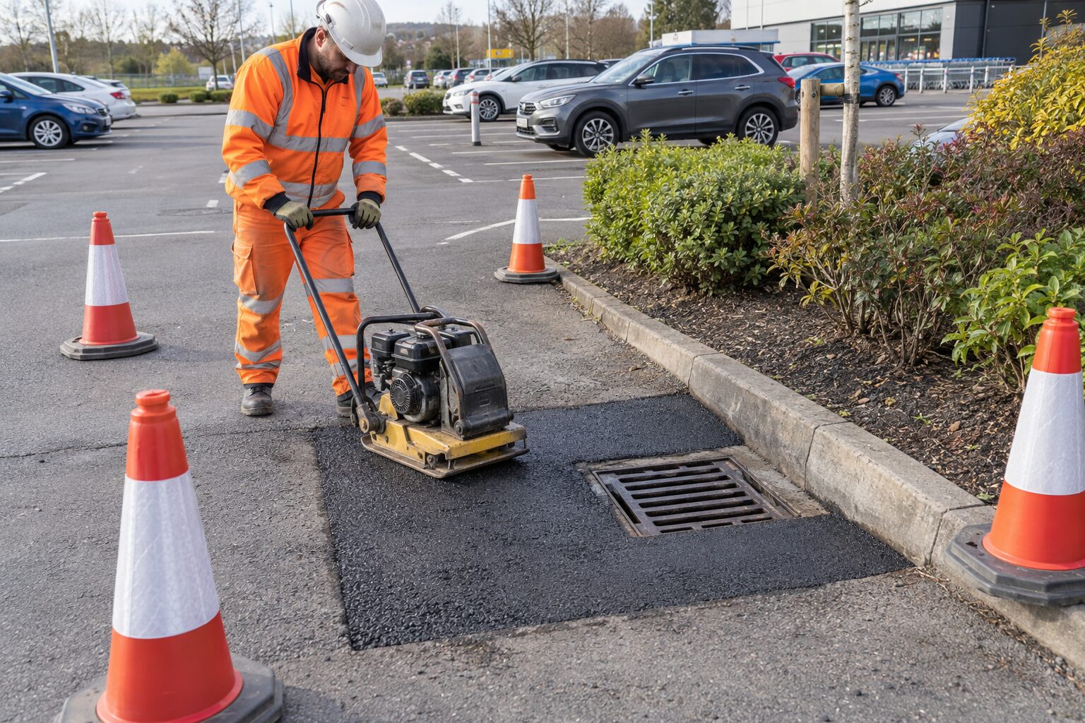 Asphalt repair around a drainage gully and car park kerb edge