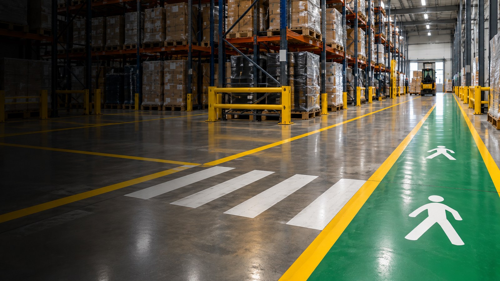 Warehouse floor line marking with pedestrian routes, crossings and vehicle lanes