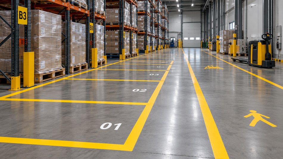 Warehouse storage bays and pallet location floor markings