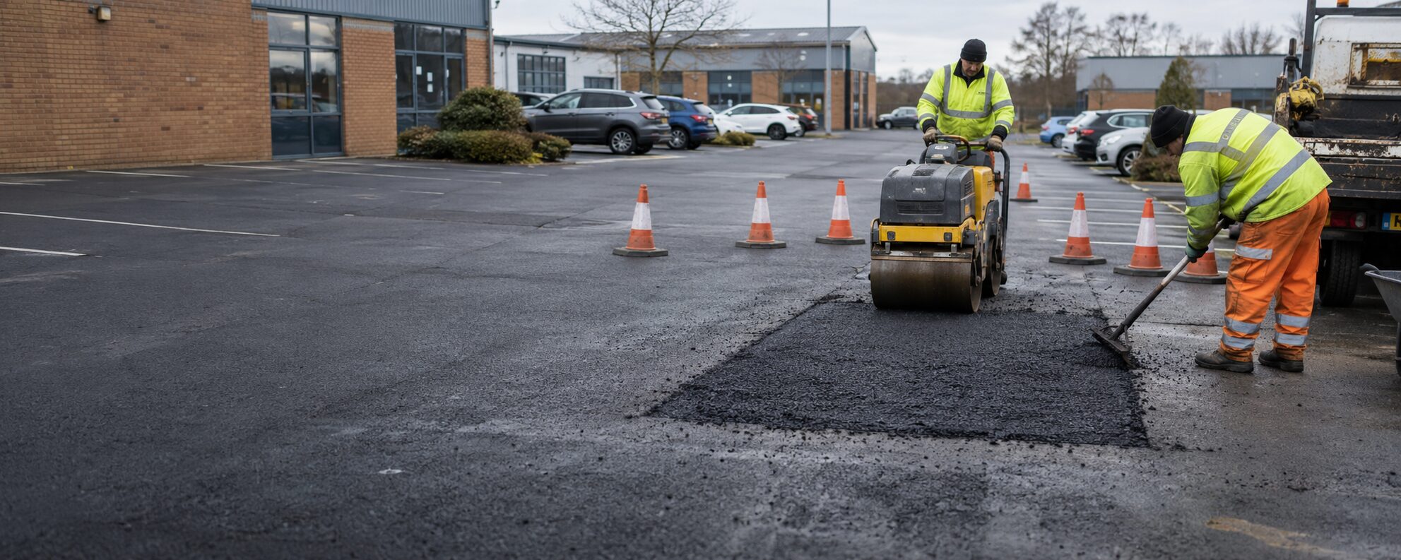 Commercial asphalt patch repair being completed at a UK business park